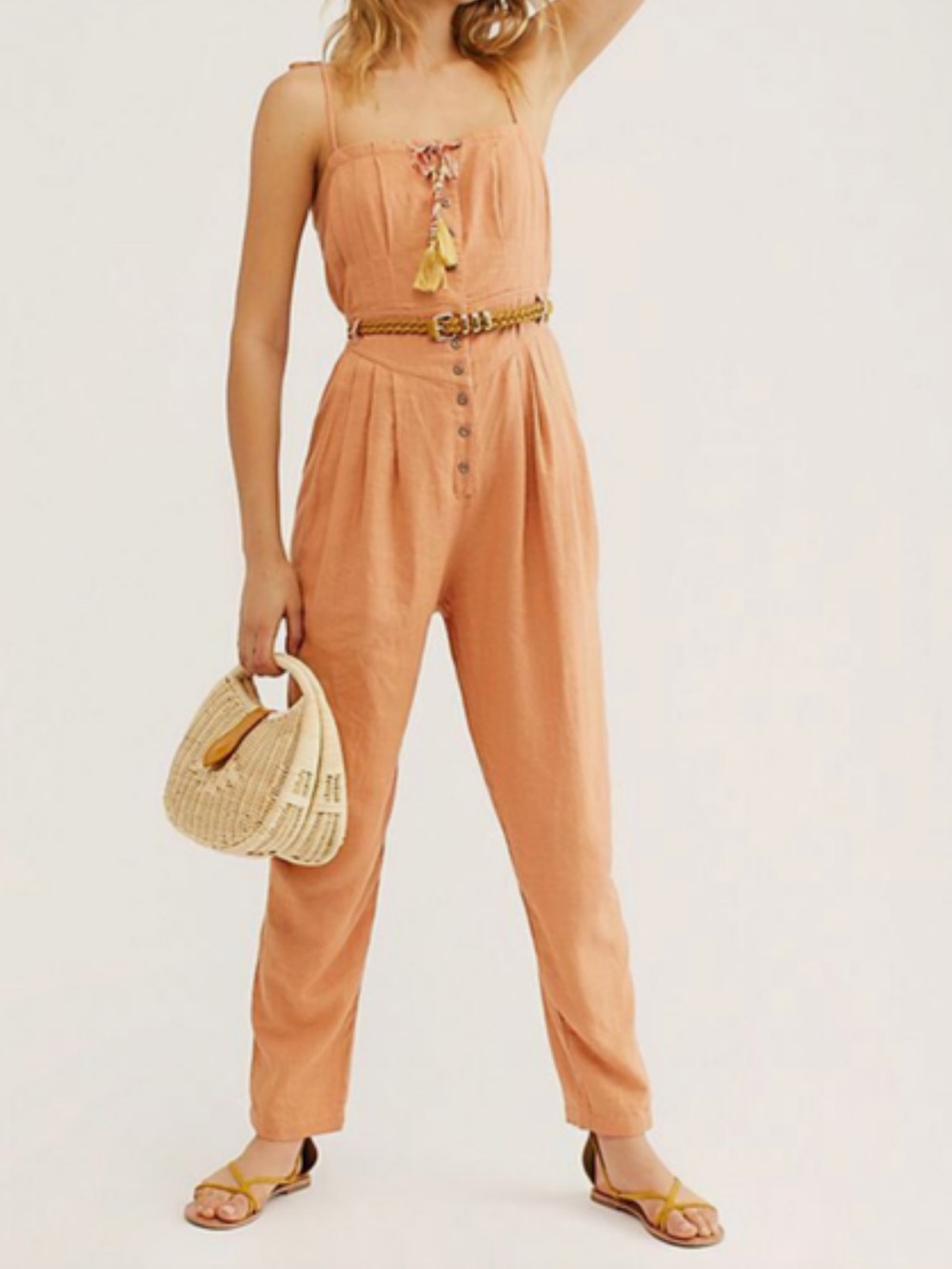 Free People Peach Tie-Strap Button-Front Jumpsuit
